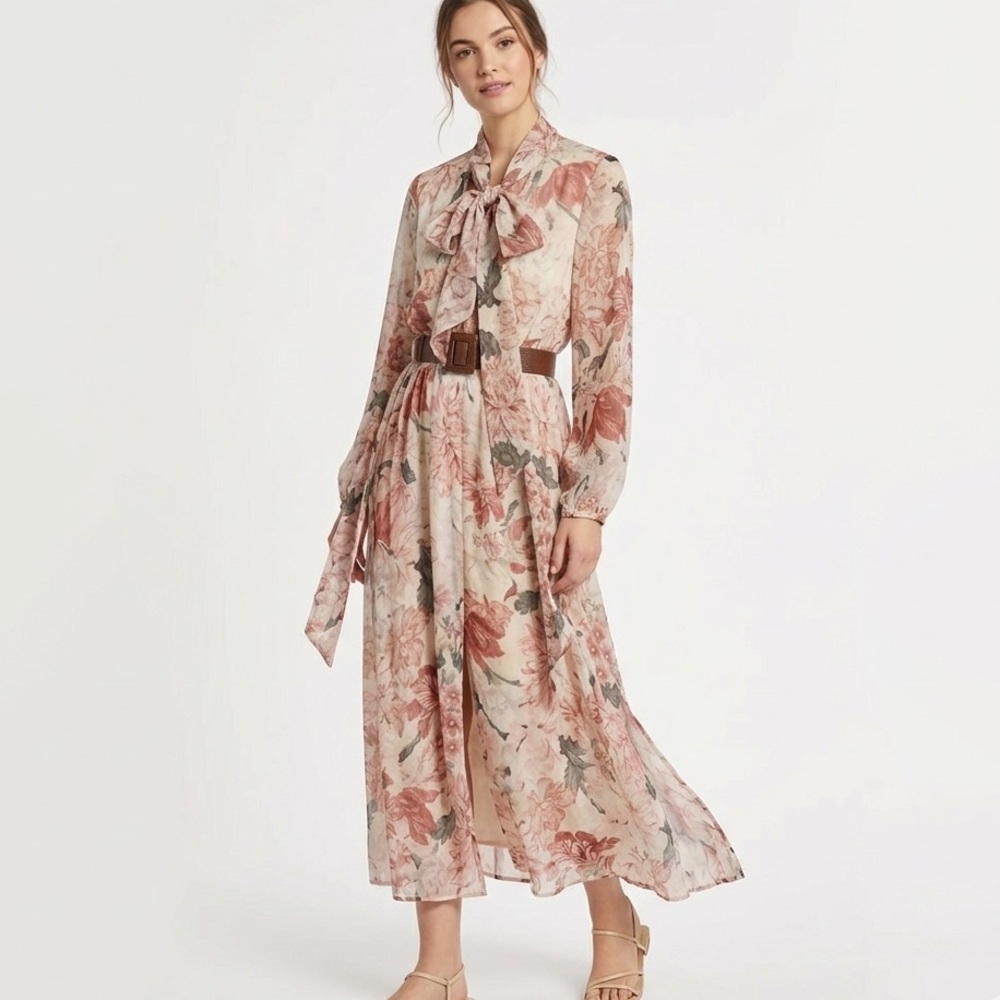 Zara New Pink Floral Long Sleeve Dress